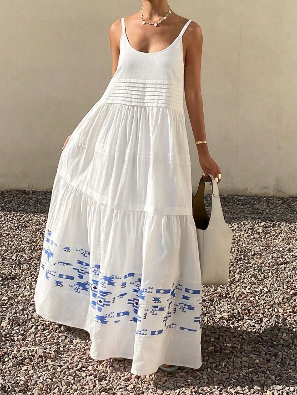 White Boho Women's Textured Patchwork Spaghetti Strap Vacation Sundress - Picture 4 of 7